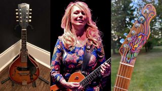 A composite photo of Nancy WIlson of Heart, a Gibson mandolin (left) and a custom baritone Telecaster (right). The gear items were stolen from Heart on May 30, 2025. The photo of Wilson was taken while in performance at the Antelope Valley Fairgrounds on August 25, 2015 in Lancaster, California. 