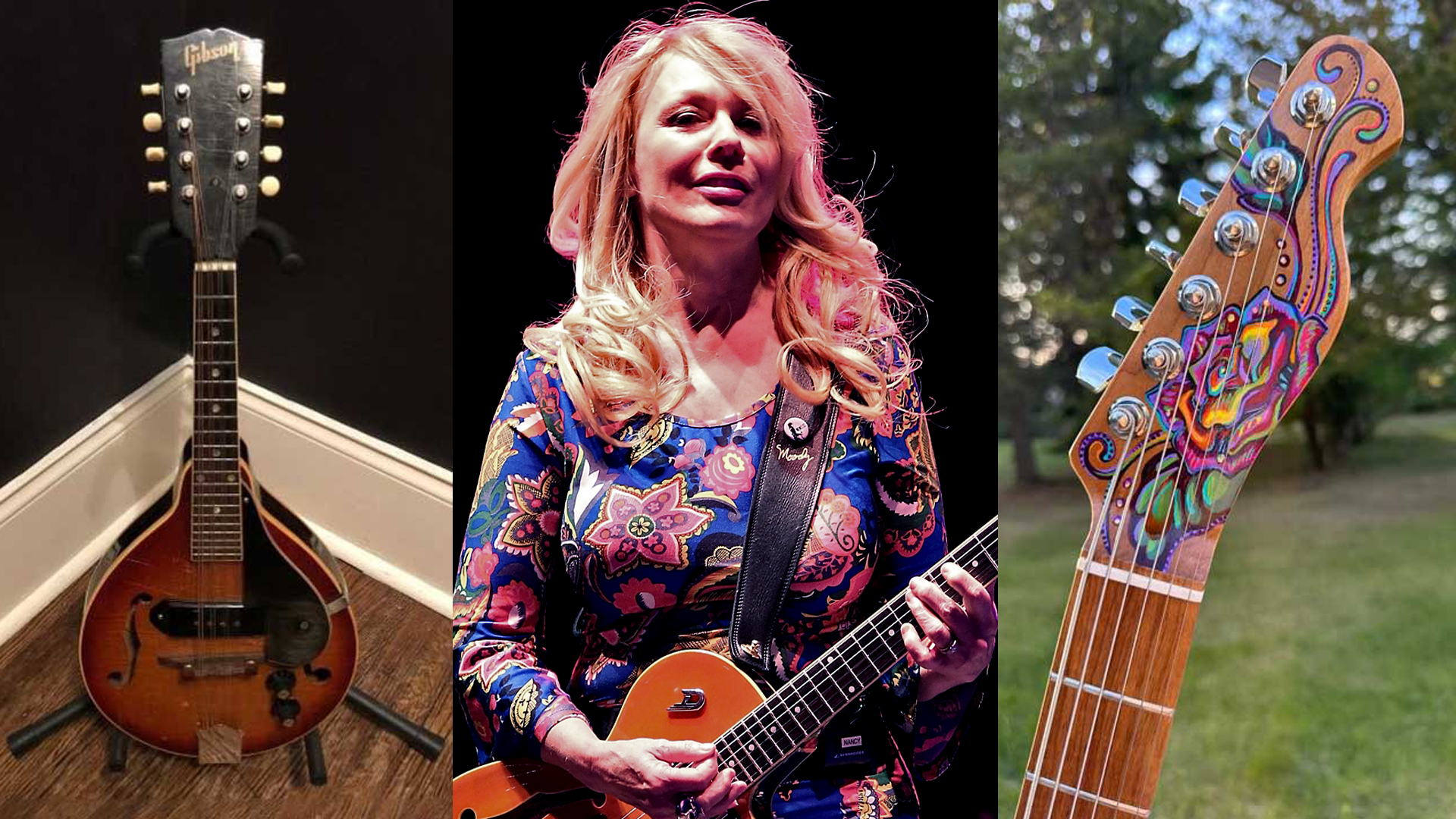 A composite photo of Nancy WIlson of Heart, a Gibson mandolin (left) and a custom baritone Telecaster (right). The gear items were stolen from Heart on May 30, 2025. The photo of Wilson was taken while in performance at the Antelope Valley Fairgrounds on August 25, 2015 in Lancaster, California.