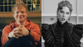 From left to right: Ed Sheeran sitting with his hands on his knees and Taylor Swift in the Fortnight music video.