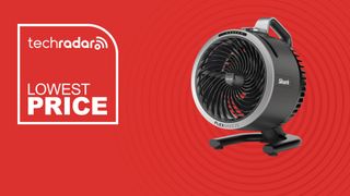 The Shark FlexBreeze HydroGo on a red background.