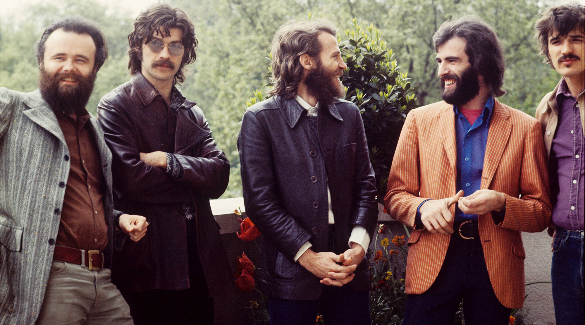 (L-R) Garth Hudson, Robbie Robertson, Levon Helm, Richard Manuel and Rick Danko of The Band pose for a group portrait in June 1971 in London.