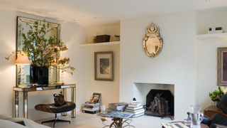 Living room with high shelving