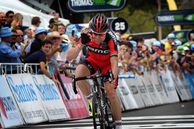 Cadel Evans (BMC) celebrates stage victory in Campbelltown.