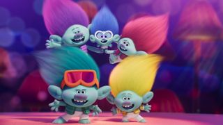 Branch and his four long-lost brothers in a still from Trolls Band Together