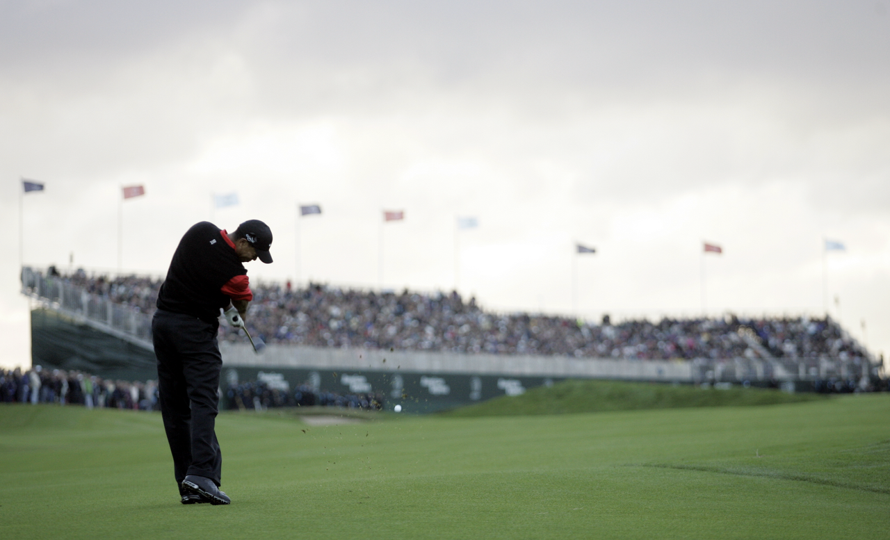 Tiger Woods hits a fairway wood shot at The Grove in his 2006 WGC win