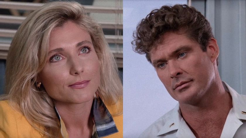 Morgan Kaye (Pamela Bach) and Mitch Buchannon (David Hasselhoff) speak on Baywatch