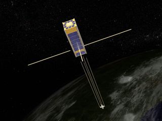 An artist's rendition of the football-sized Firefly satellite in low-Earth orbit. Firefly's mission is to study the relationship between lightning and huge bursts of gamma rays called terrestrial gamma ray flashes. It is scheduled to launch on Nov. 19, 2013, with 27 other CubeSat missions on the Orbital Sciences ORS-3 mission, lifting off from Wallops Island, VA.