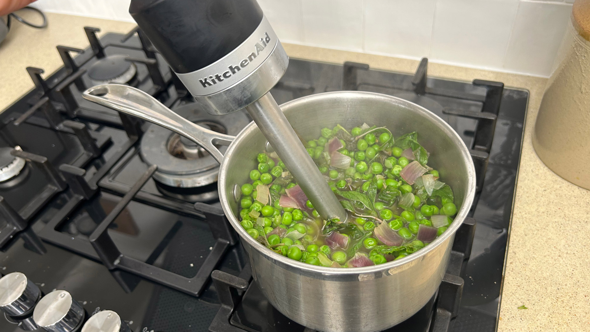 Making pea and mint soup with the KitchenAid Go Cordless Hand Blender: before