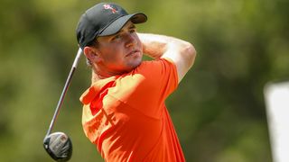 Austin Eckroat takes a shot at the men's NCAA Division I Championship