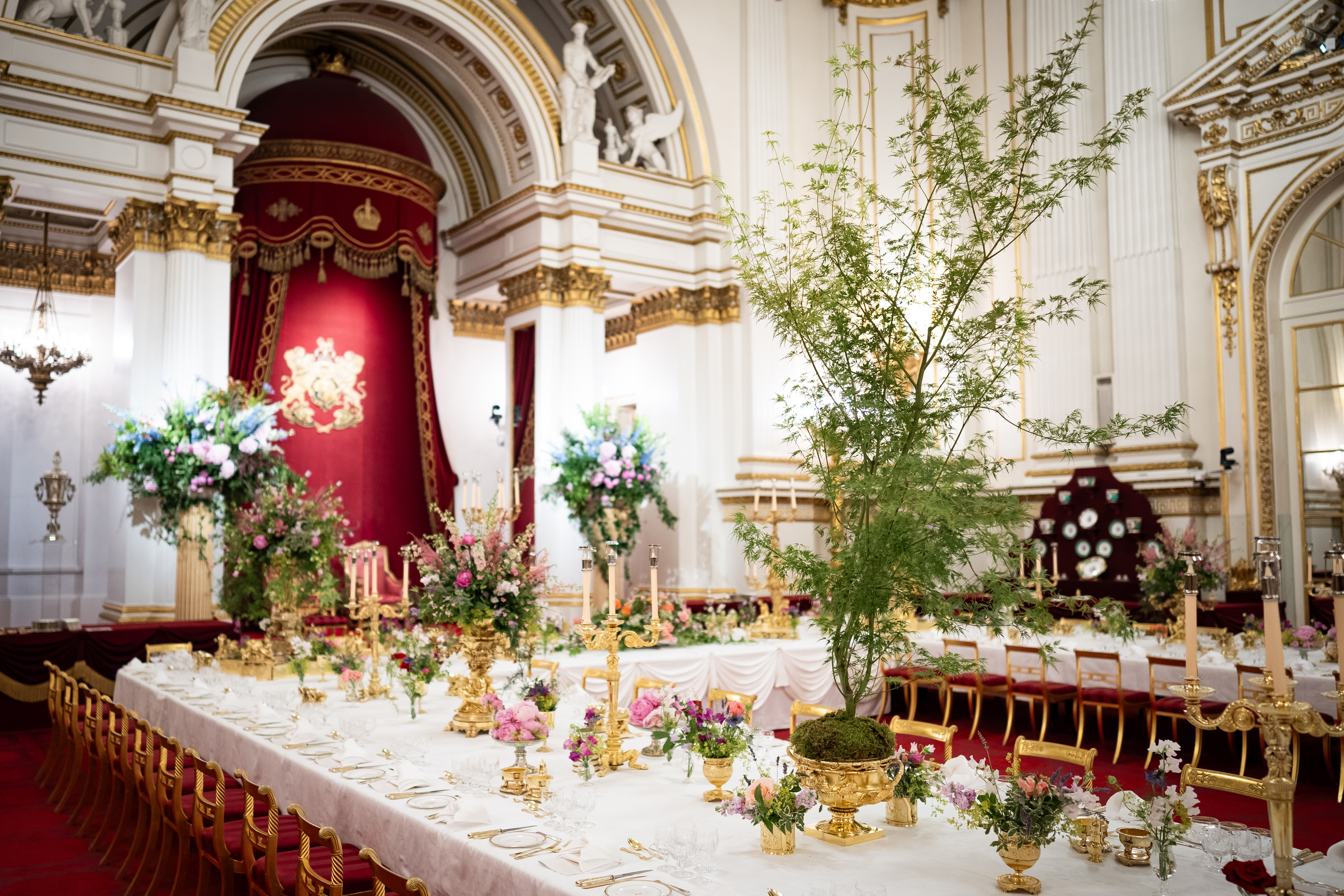 A table set for a state banquet at Buckingham Palace