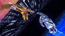 An illustration of two hands reaching across the metaverse and the real world.