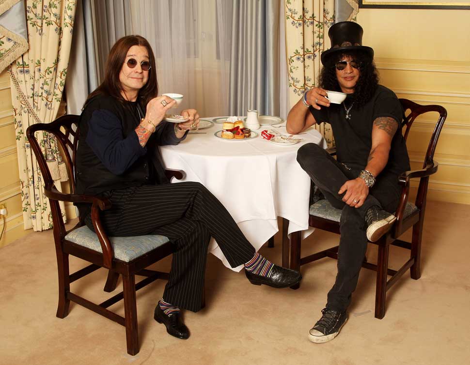 Ozzy Osbourne and Slash drinking tea at the Classic Rock Awards' Tea Party on November 3, 2008 in London, England