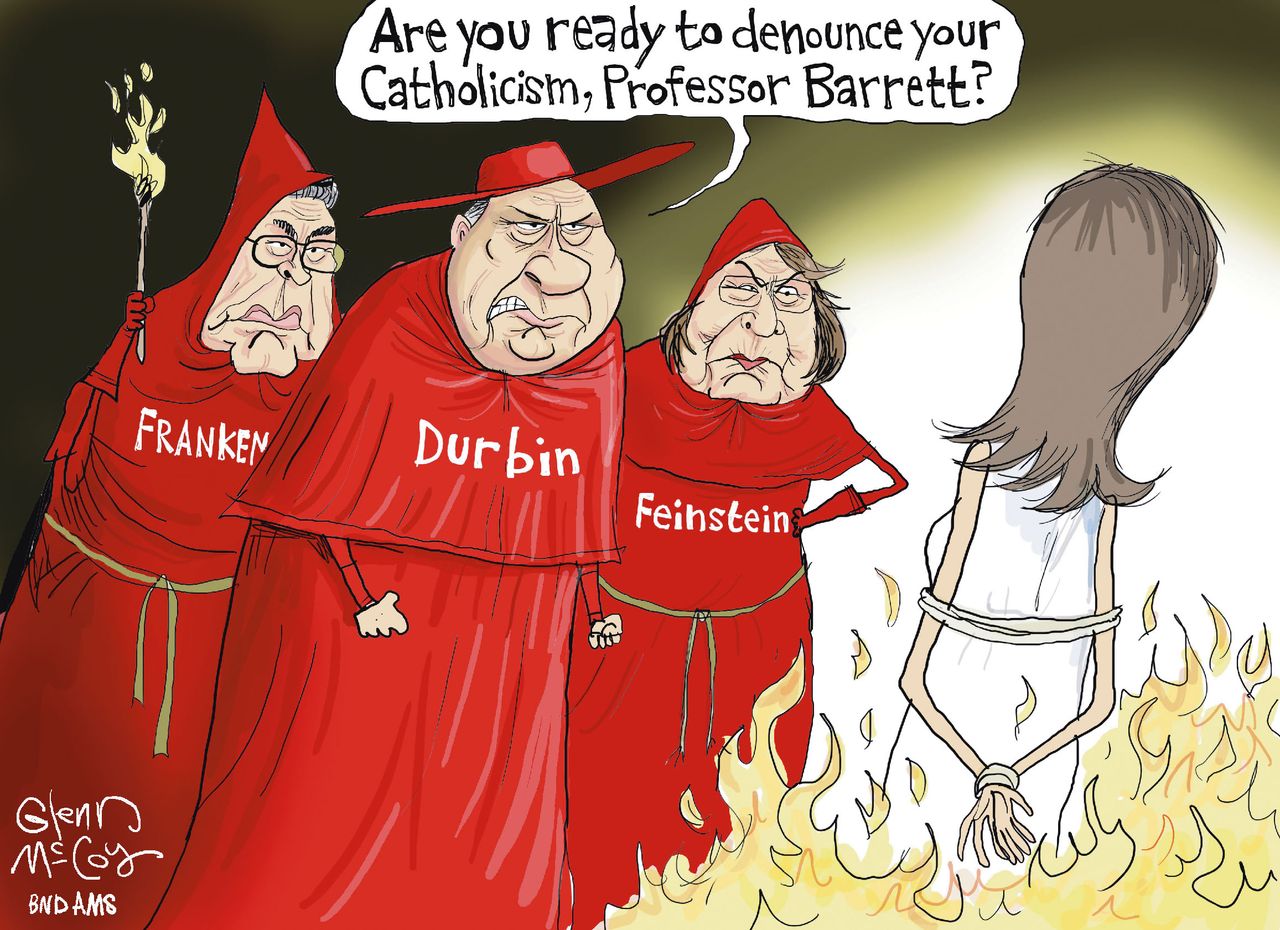 Political cartoon U.S. Amy Coney Barrett judicial nominee Feinstein Durbin Franken Catholicism