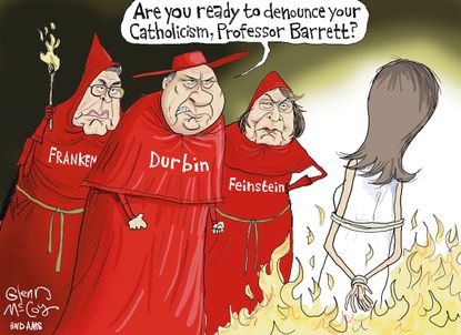 Political cartoon U.S. Amy Coney Barrett judicial nominee Feinstein Durbin Franken Catholicism