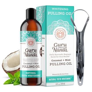 Gurunanda Coconut & Peppermint Oil Pulling (8 Fl.oz) With Tongue Scraper - Alcohol Free Mouthwash for Fresh Breath, White Teeth & Healthy Teeth & Gums