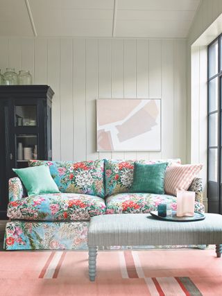 flowered sofa in farmhouse living room