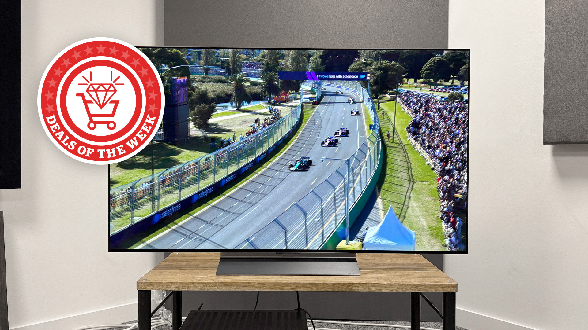 A press image of the LG C5 with the deals of the week logo overlaid