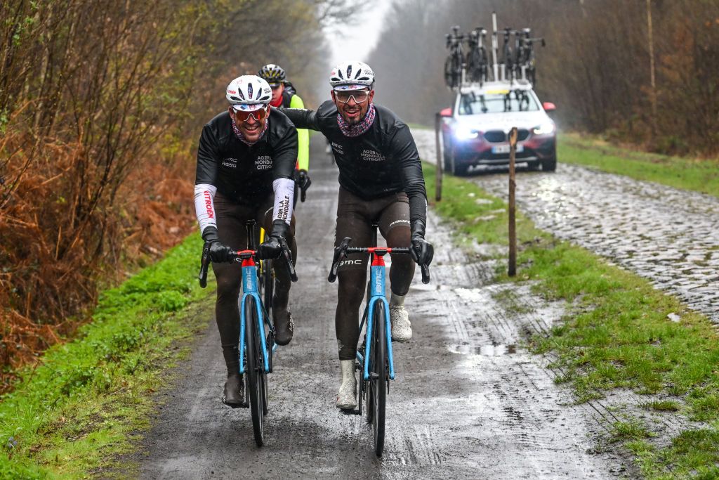 ROUBAIX FRANCE APRIL 06 LR Antoine Raugel of France and Greg Van Avermaet of Belgium and Ag2R Citron Team during the ParisRoubaix 2023 Training Day 1 UCIWT on April 06 2023 in Roubaix France Photo by Luc ClaessenGetty Images