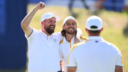 Shane Lowry and Tommy Fleetwood during a practice round prior to the Ryder Cup at Marco Simone