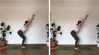 Lucy McCarthy performs chair pose yoga move