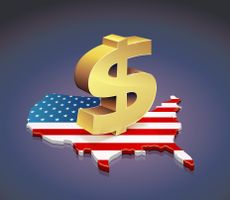 3D map of the United States in the colors of the American flag on which is placed the symbol in gold of the American currency, the dollar on dark background