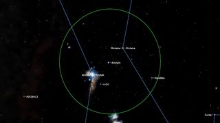An illustration of the night sky on Feb. 9 that depicts the stars of Orion's belt.