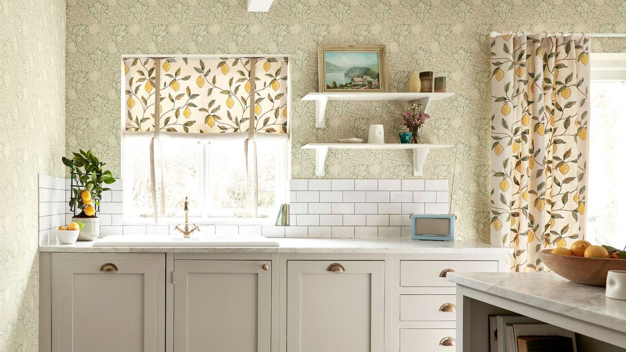 Kitchen with shades and curtains