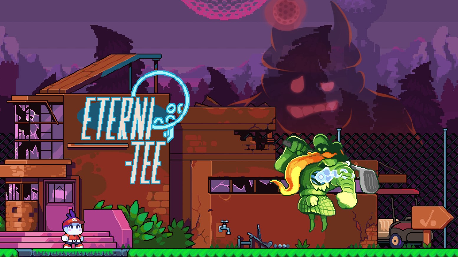 Golf man talks to a ghostly knight in Cursed to Golf.