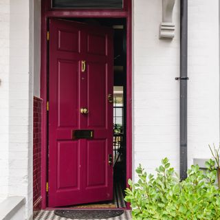front door colour mistakes, magenta front door with brass hardware, white painted exterior