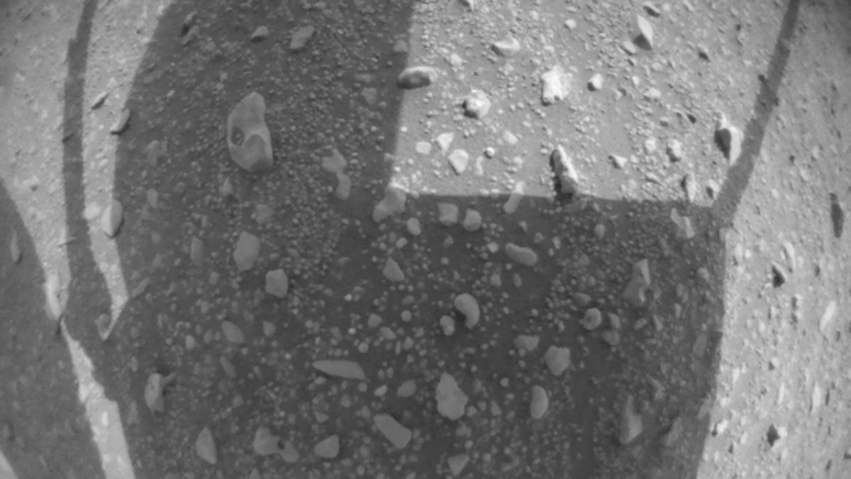 An image of the Mars surface taken by the Ingenuity helicopter&#039;s navigation camera during a flight testing out a new software system on Nov. 22, 2022.