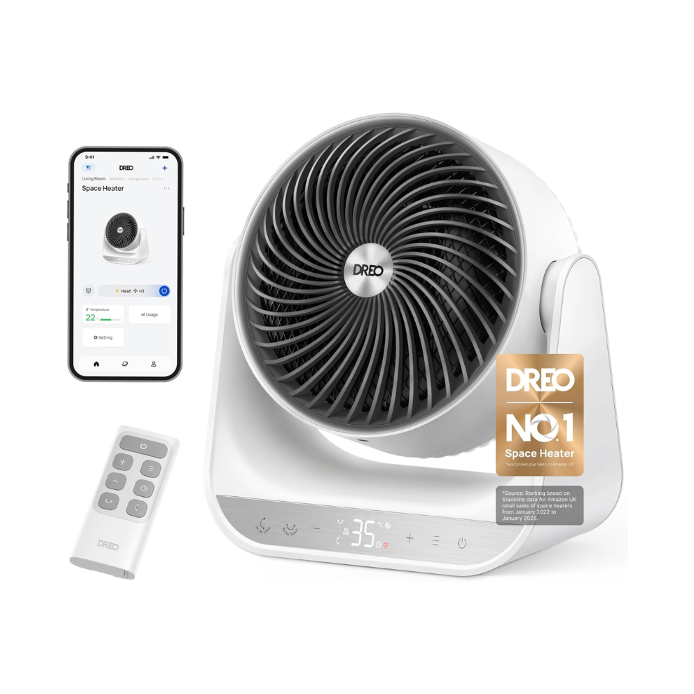 Dreo Smart Whole Room Heater next to phone and remote