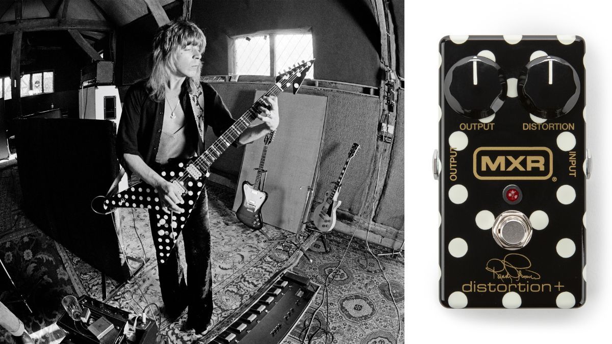 Left-American guitarist Randy Rhoads (1956-1982) recording Ozzy Osbourne&#039;s &#039;Blizzard of Ozz&#039; album at Ridge Farm Studio in West Sussex, England in May 1980; Right- MXR Randy Rhoads Distortion+