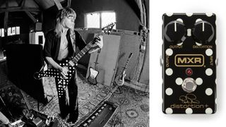 Left-American guitarist Randy Rhoads (1956-1982) recording Ozzy Osbourne&#039;s &#039;Blizzard of Ozz&#039; album at Ridge Farm Studio in West Sussex, England in May 1980; Right- MXR Randy Rhoads Distortion+