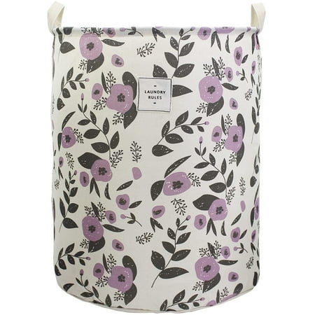 Mziart Collapsible Laundry Basket, Cute Floral Printing Waterproof Laundry Hamper Nursery Storage Basket for Girls Kids Baby Toy Organizer, Dirty Clothes Basket for Bedroom Bathroom (purple)