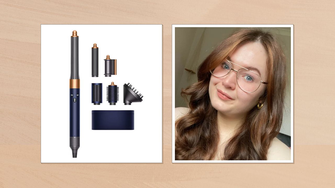 Collage image showing the Dyson Airwrap Complete Long Volumise and its attachments (left) and Lucy&#039;s hair after using her own tool (right) in white boxes set against a beige watercolour-style background