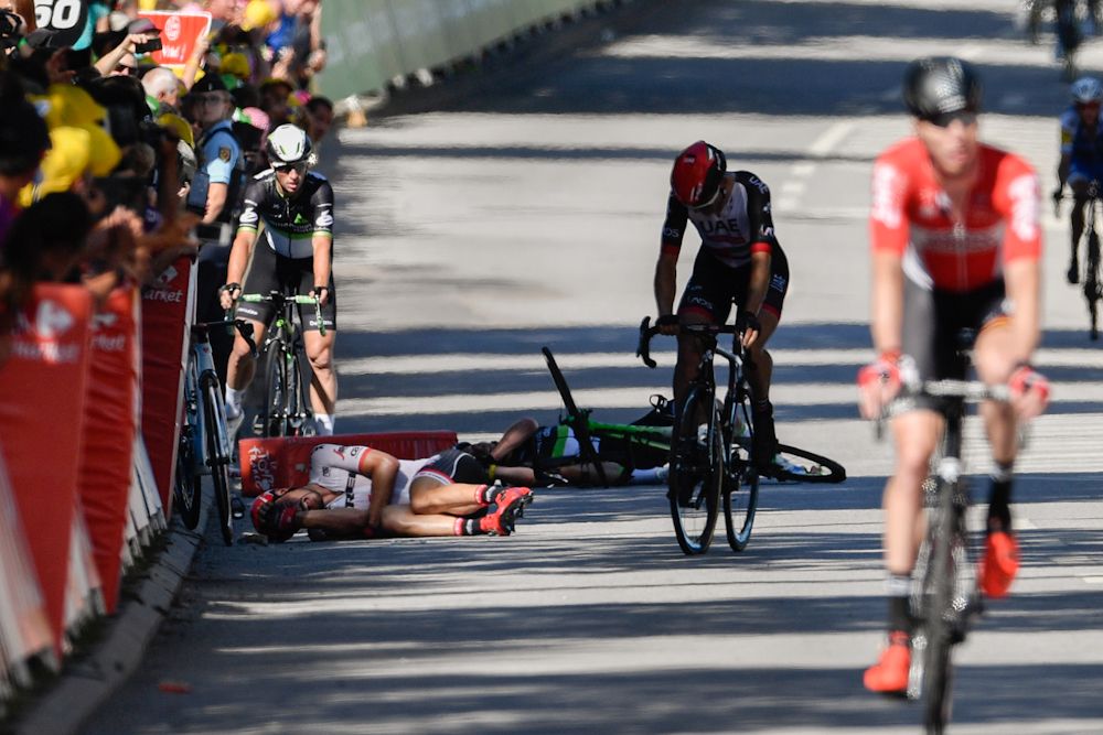after crashing in the finale of stage 4 at the Tour de France