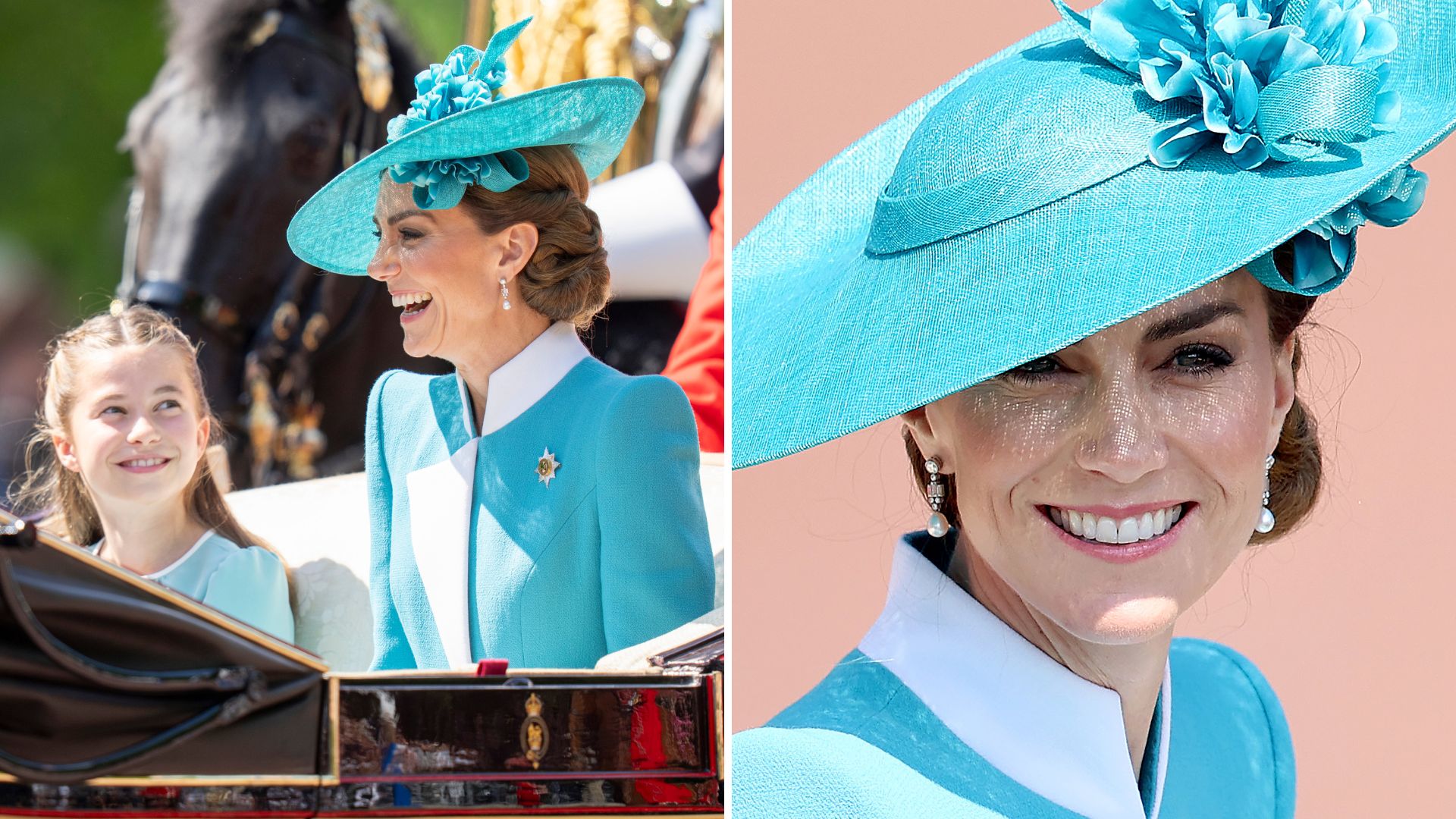 L-Princess Charlotte and Kate Middleton at Trooping the Colour, R- Kate Middleton 