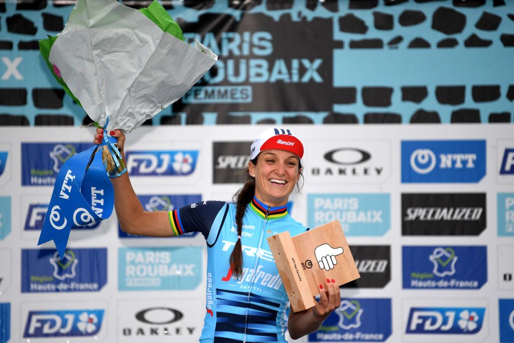 ROUBAIX FRANCE OCTOBER 02 Elisabeth DeignanArmitstead of United Kingdom and Team Trek Segafredo celebrates winning the public price on the podium ceremony after the 1st ParisRoubaix 2021 Womens Elite a 1164km race from Denain to Roubaix ParisRoubaixFemmes ParisRoubaix on October 02 2021 in Roubaix France Photo by Tim de WaeleGetty Images