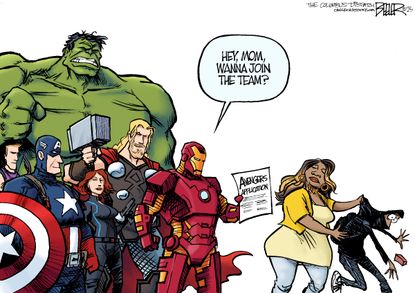 Editorial cartoon U.S. Avengers Baltimore mom