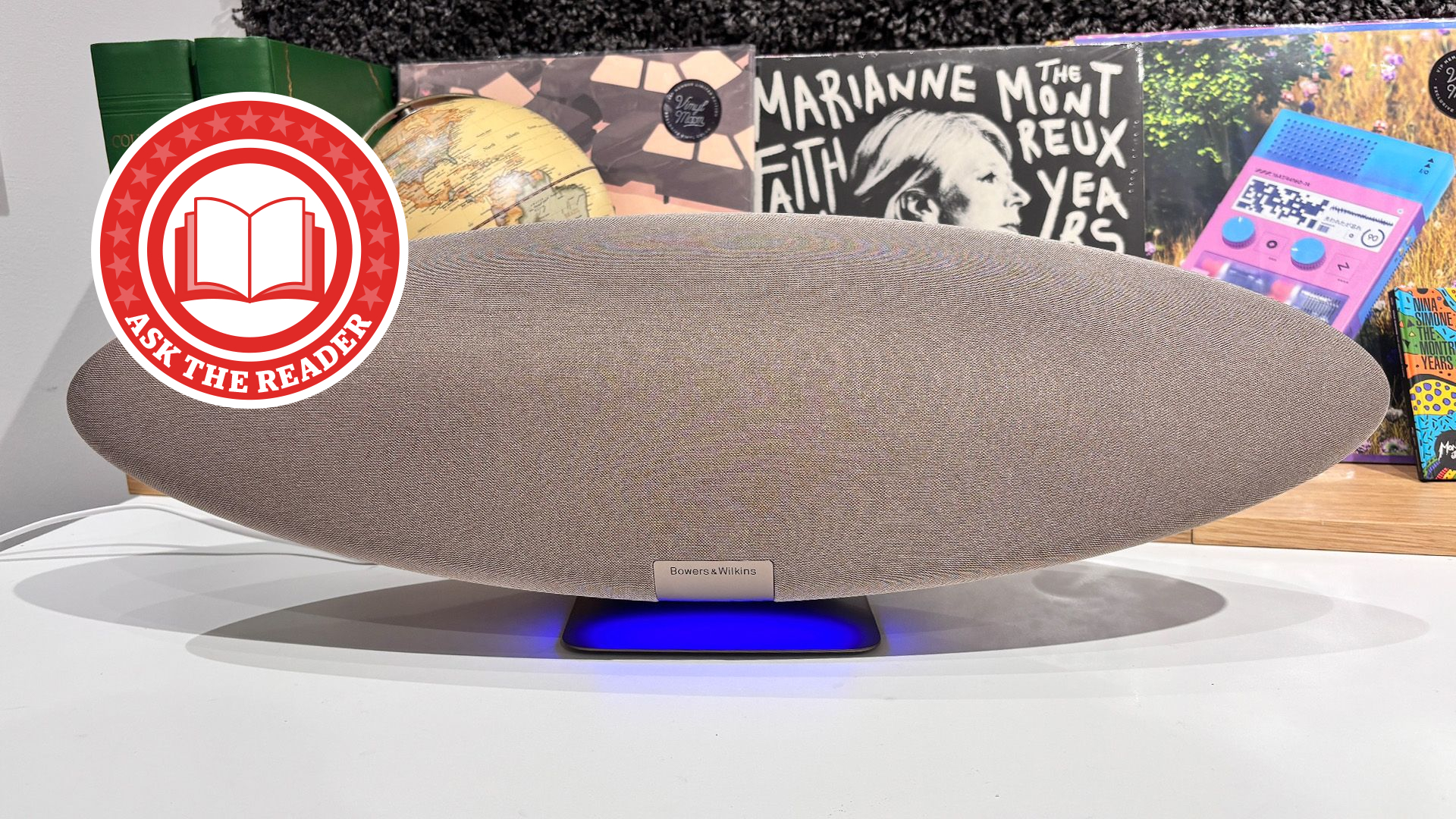 Bowers & Wilkins Zeppelin Pro Edition with Ask the Reader logo on desk