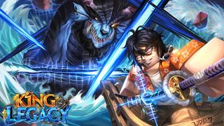 Press shot for King Legacy codes showing a character unsheathing a sword while a huge monster looks on menacingly in the background