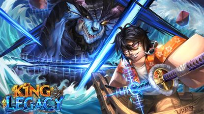Press shot for King Legacy codes showing a character unsheathing a sword while a huge monster looks on menacingly in the background