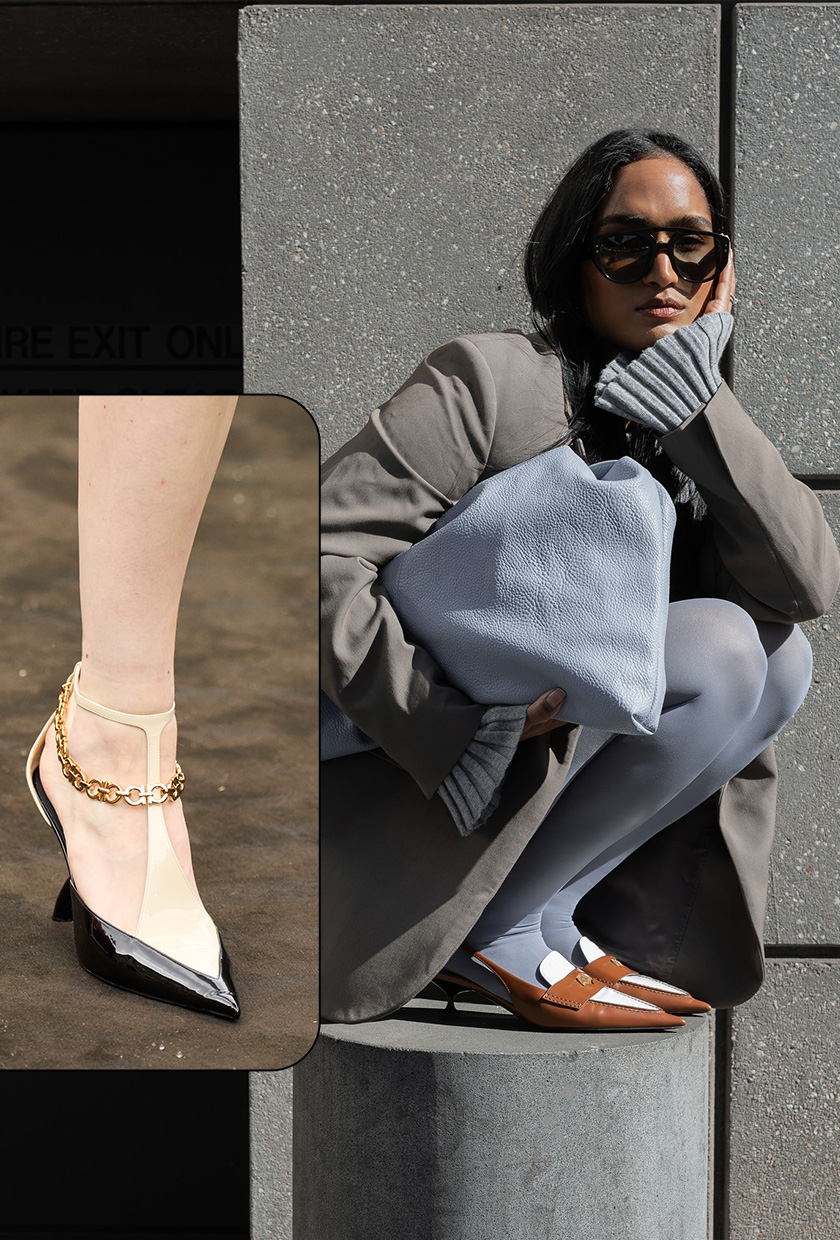 Shoe trends to wear with leggings, jeans, and skirts are shown in a collage of runway and street style images. On the left, a close-up photo from Ferragamo's spring runway show depicts a model's foot wearing two-tone pointed t-strap pumps with a gold chain layered on top. On the right, a woman is crouching on top of a concrete slab outside wearing black sunglasses, a gray blazer over a blue knit sweater dress styled with light blue tights, a bright blue clutch bag, and two-tone brown and white slingback heels.