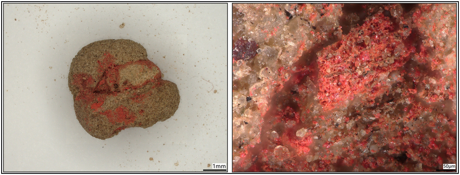 Two side by side photos showing tan stones covered with red pigment, with the right image showing a close up of the surface of the stone.