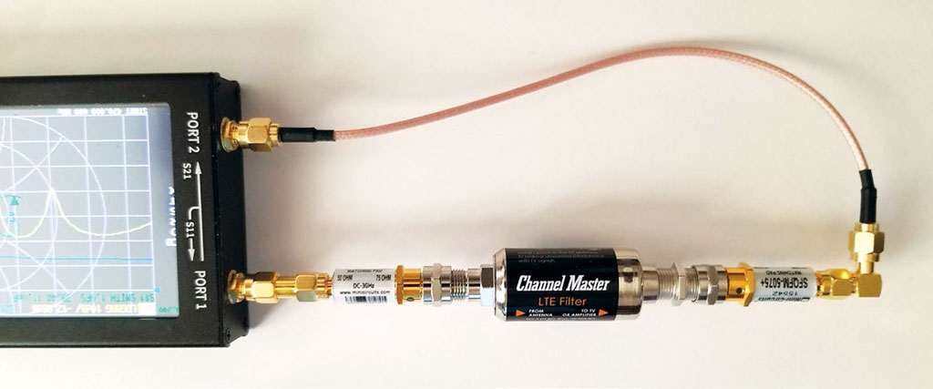 Fig. 1: Test setup used to measure a Channel Master LTE filter; see Fig. 2 for the results.