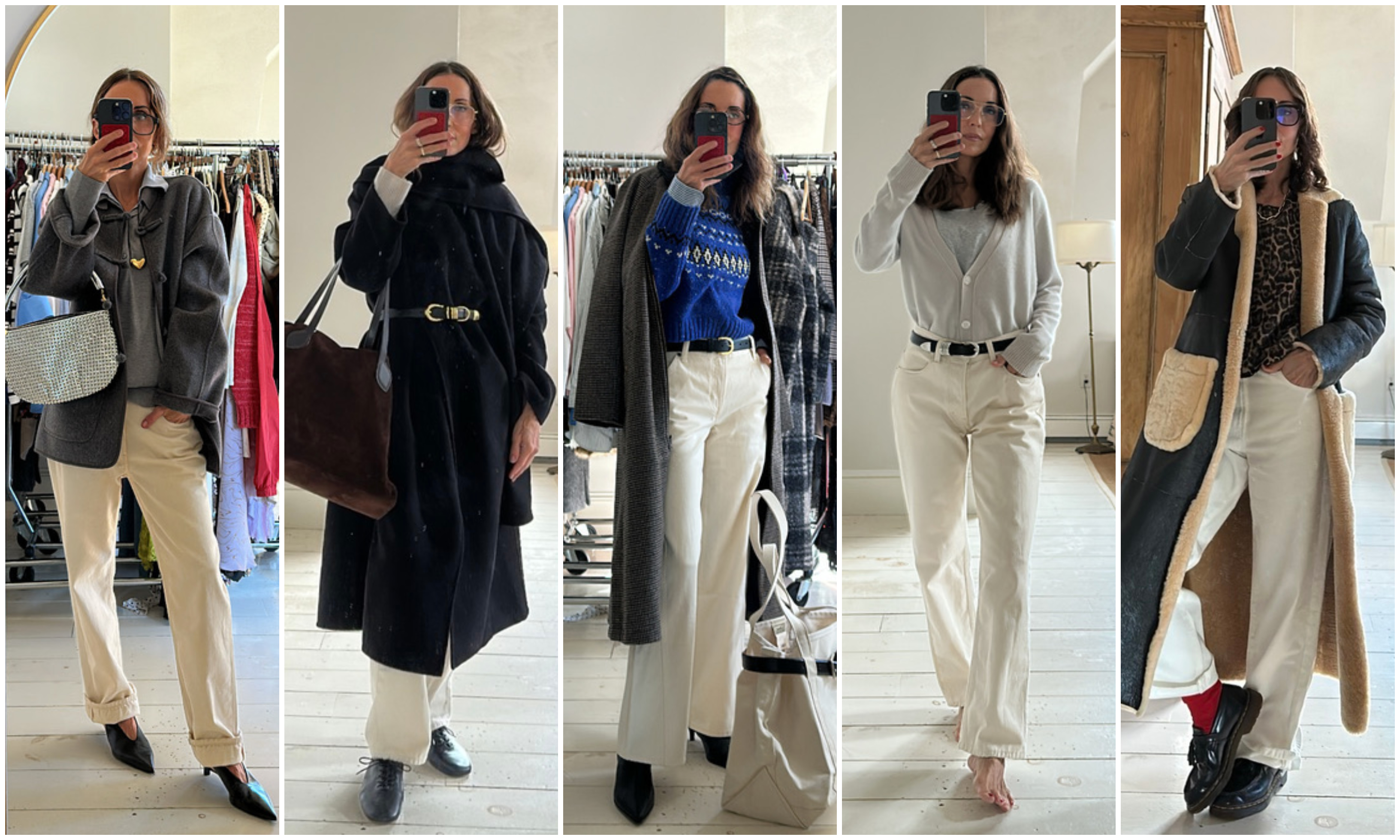 a collage of Larissa Mills wearing white jeans with black boots, blue sweaters, black coats, and grey tops.