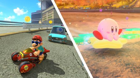 Mario on kart in Mario Kart World beside Kirby on machine in Kirby Air Riders
