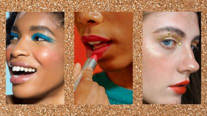 Three women wearing red lipstick, gold eyeshadow and blue eyeshadow