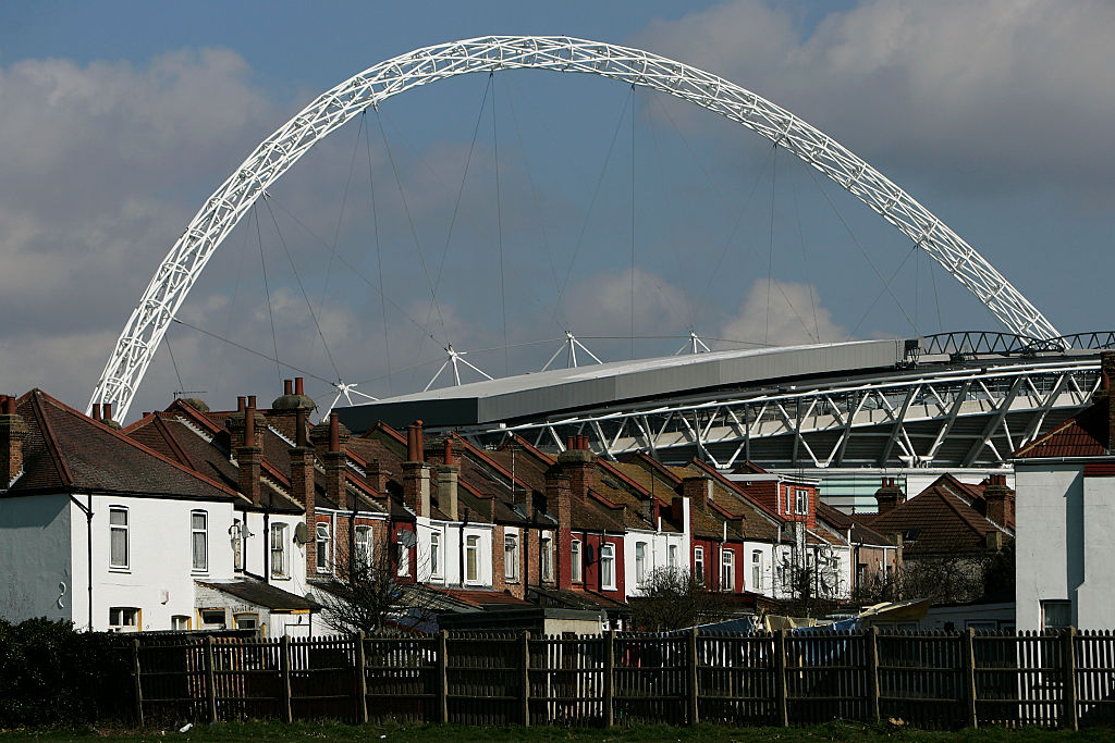 Wembley Stadium behind houses in Brent