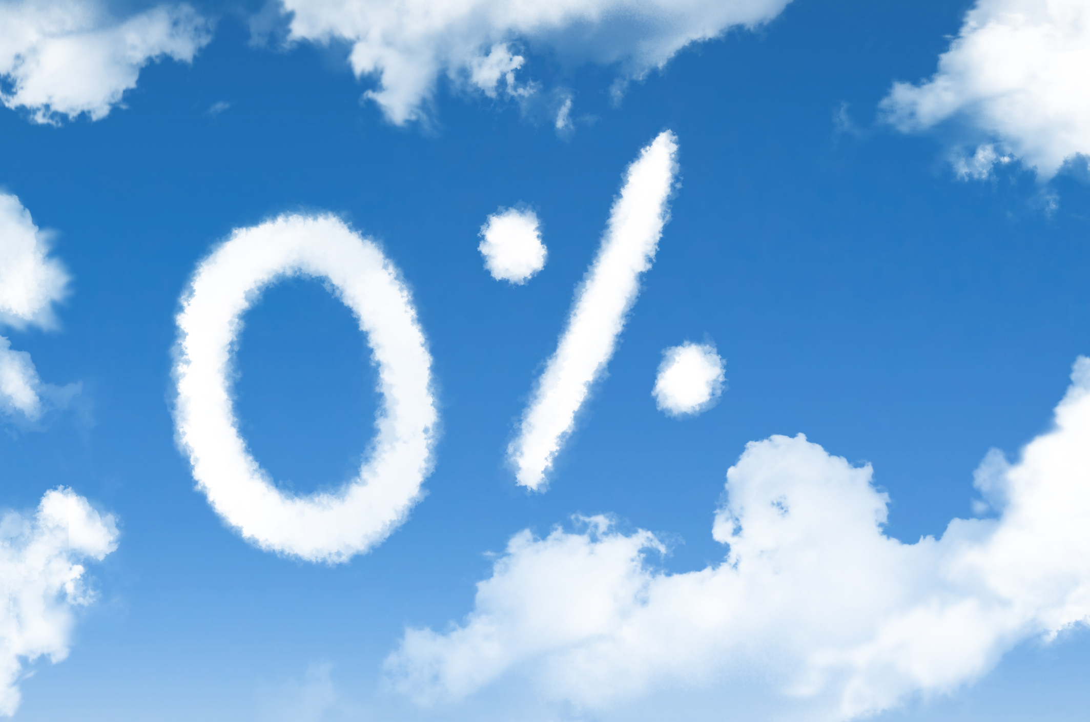 Clouds zero percent discount symbol in the blue sky